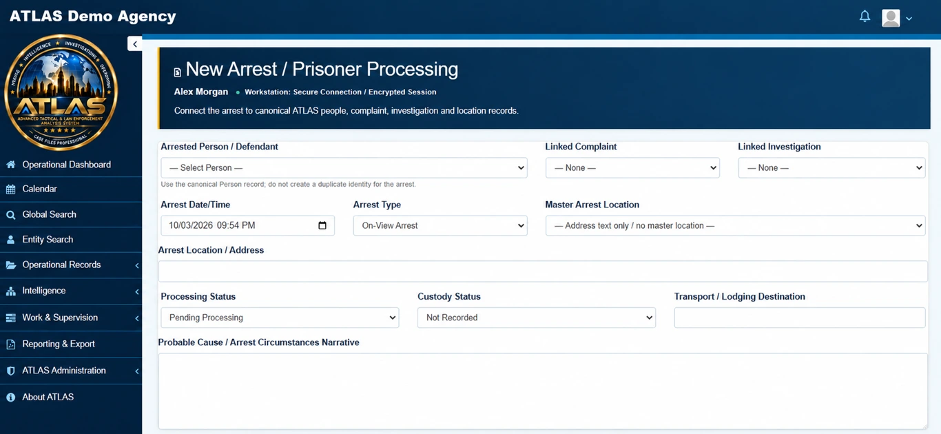 ATLAS Arrest and prisoner processing — edited application preview with sample data