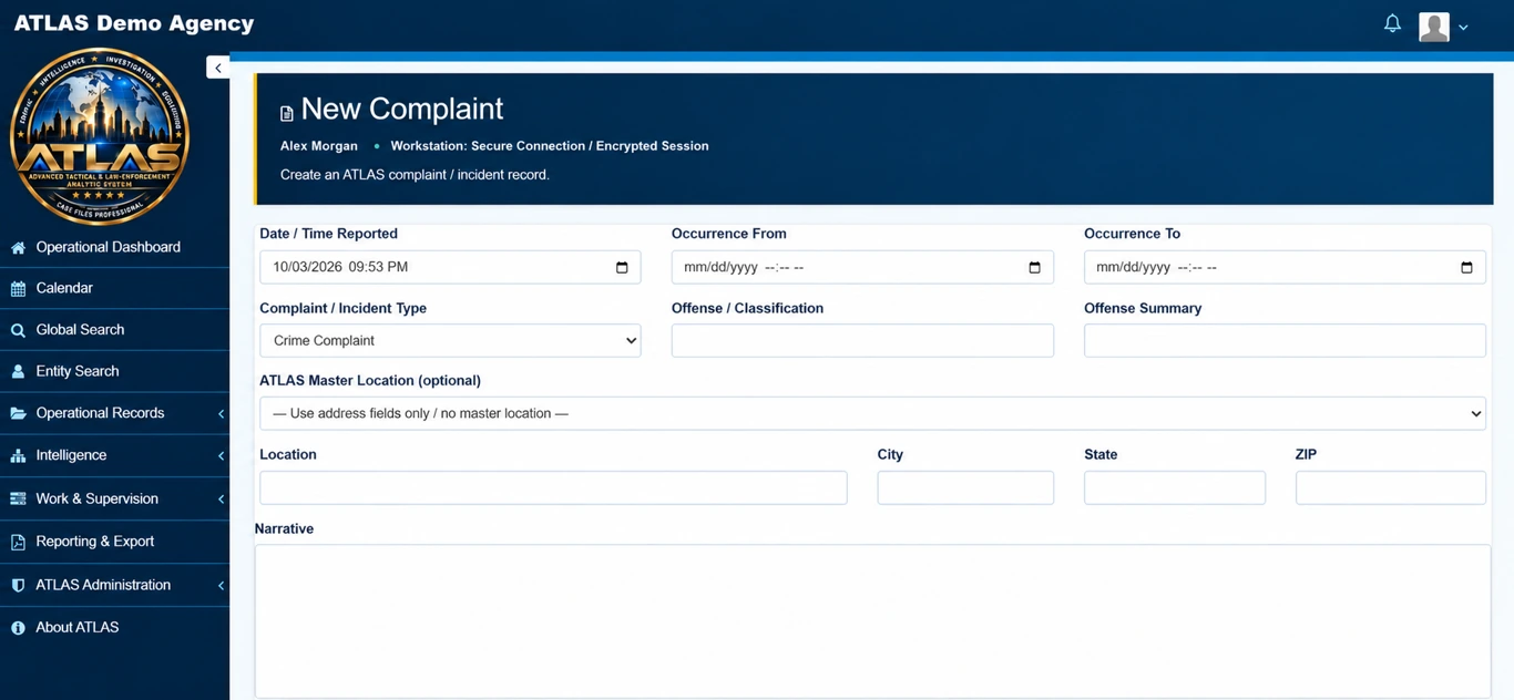 ATLAS Complaint and incident entry — edited application preview with sample data