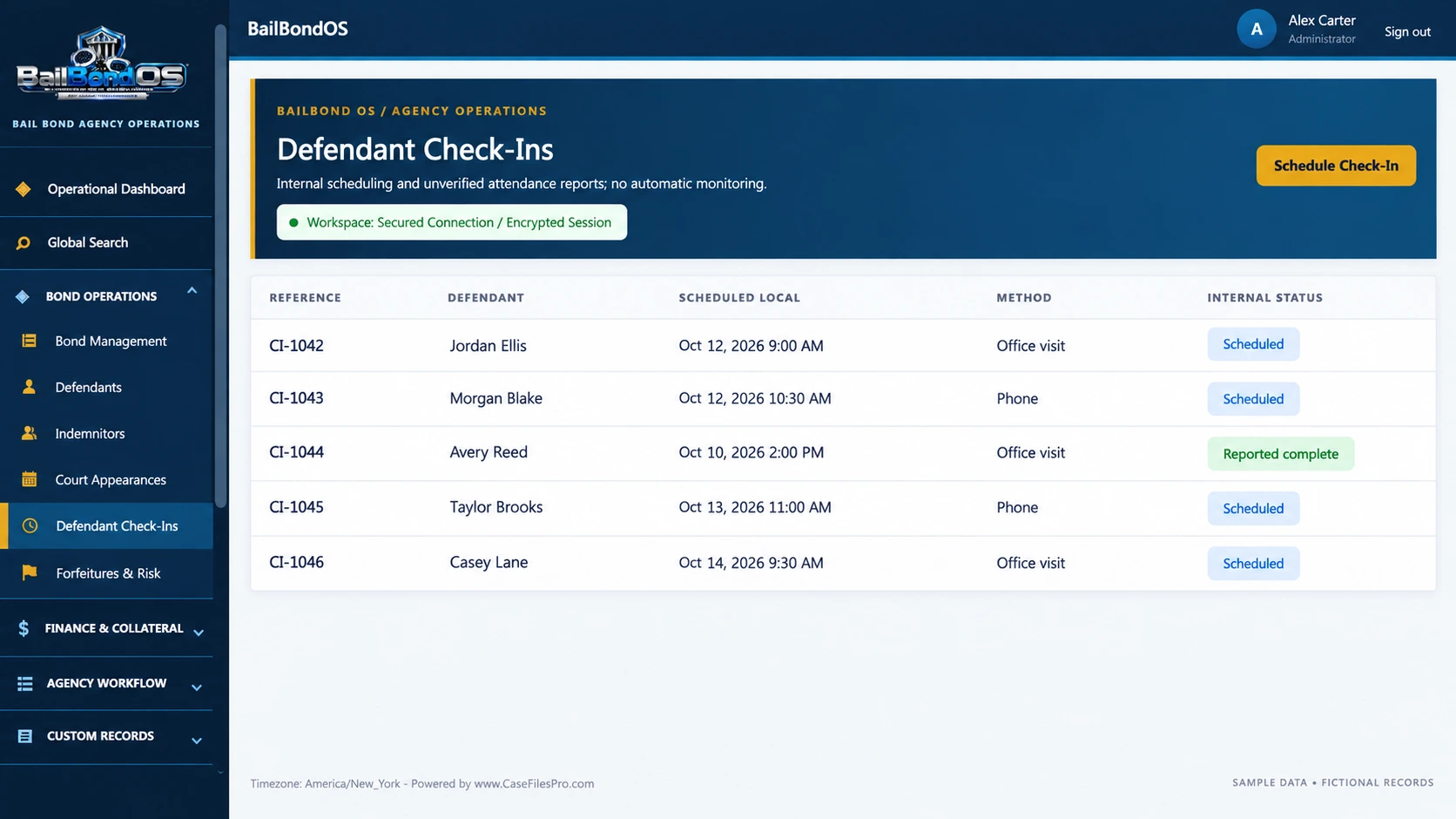 BailBondOS™ Defendant check-ins — edited application preview with sample data