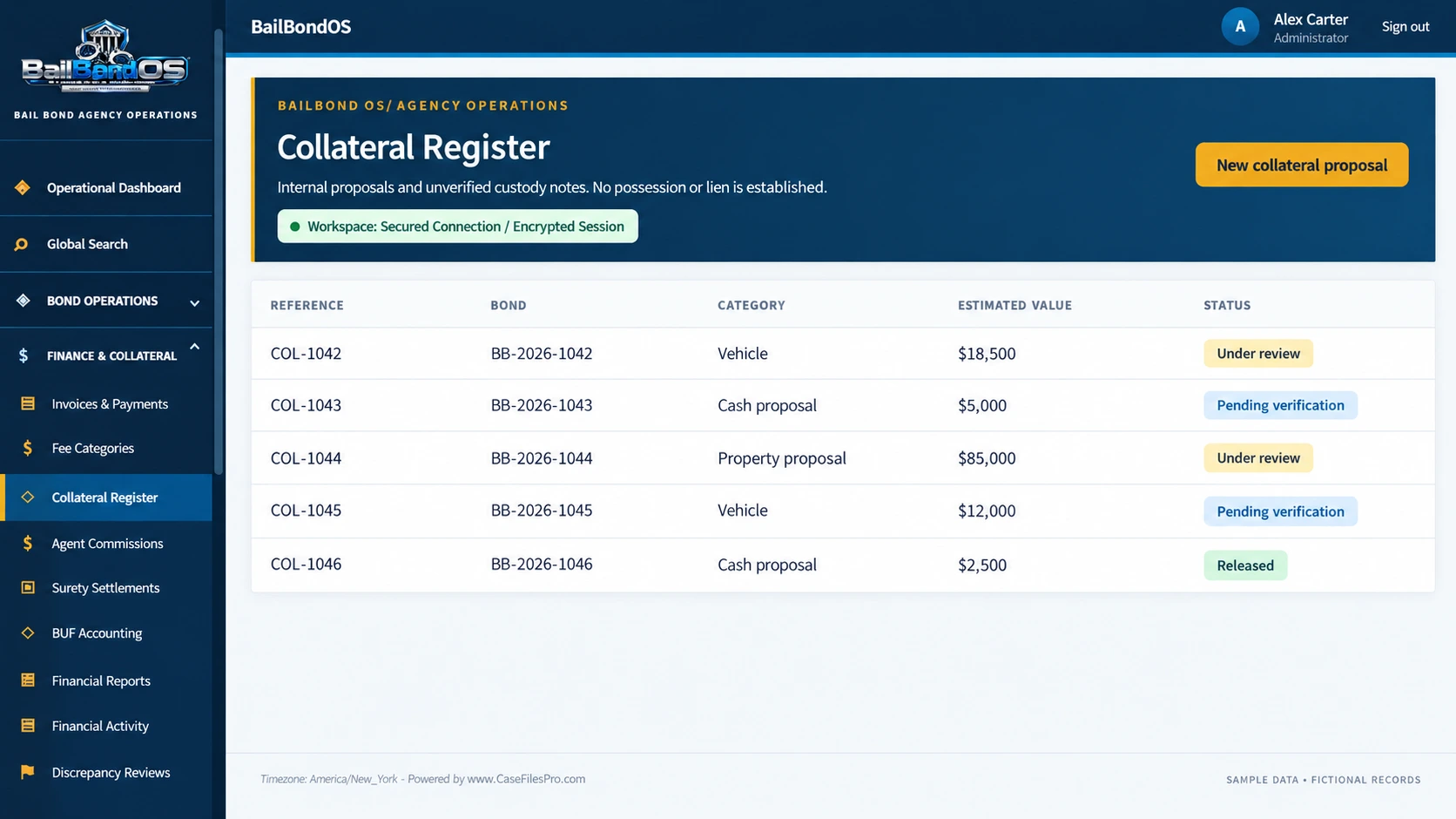 BailBondOS™ Collateral register — edited application preview with sample data
