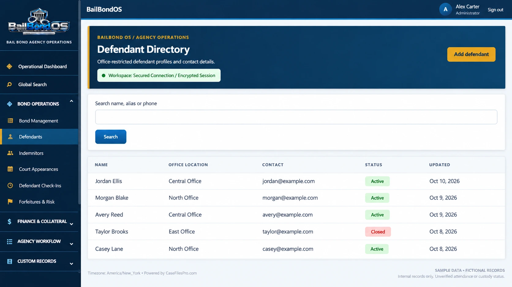 BailBondOS™ Defendant directory — edited application preview with sample data