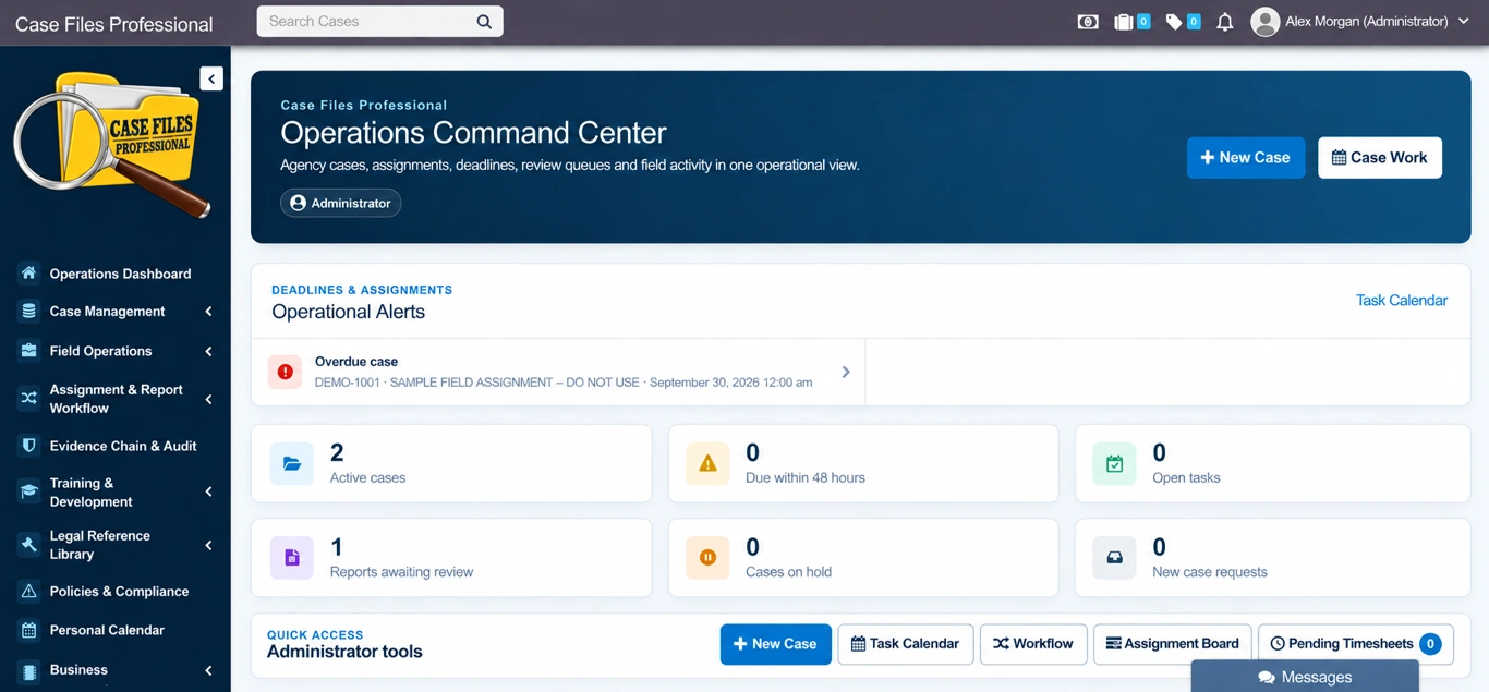 Case Files Professional Operations dashboard — edited application preview with sample data