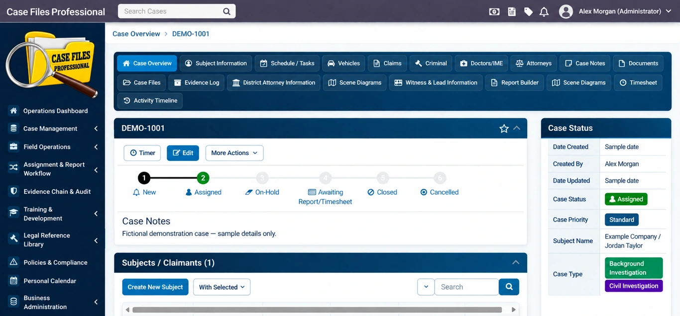 Case Files Professional Case overview and linked records — edited application preview with sample data