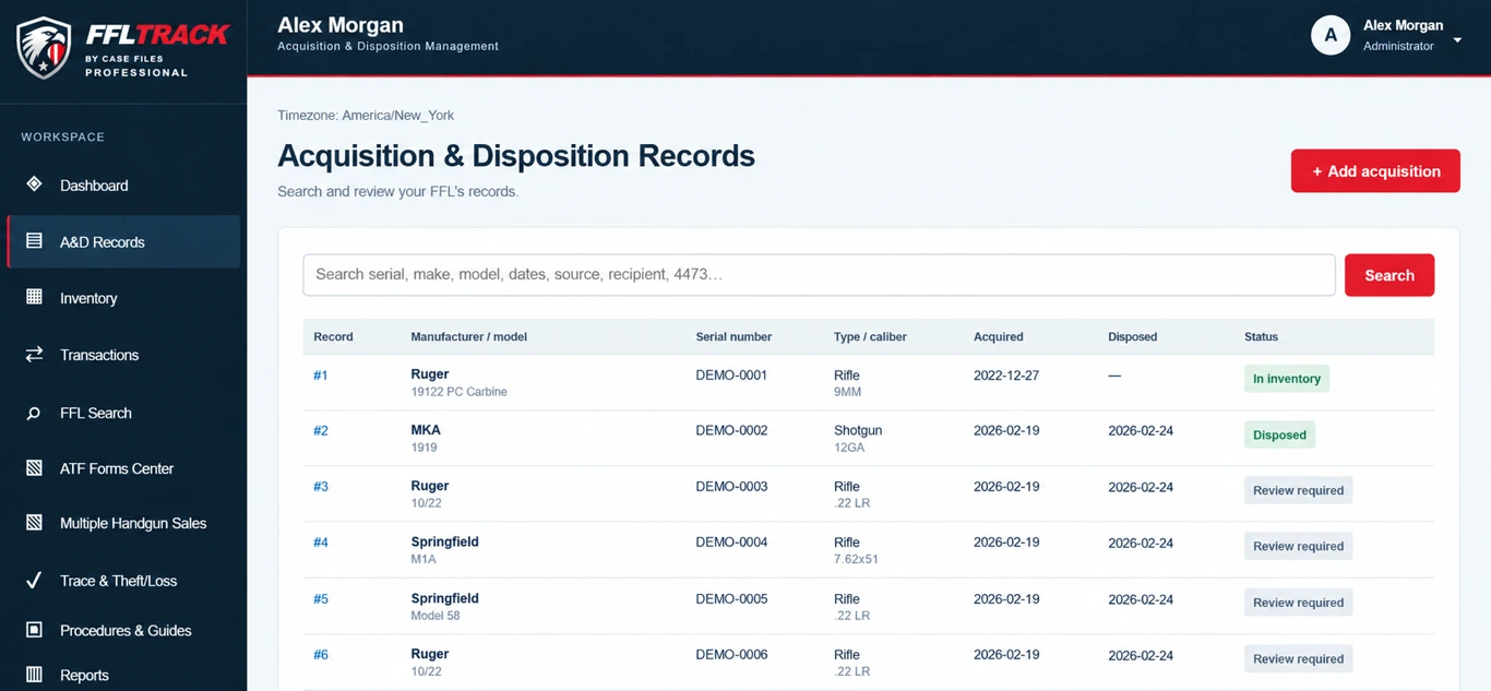 FFLTrack Acquisition & Disposition Records — edited application preview with sample data
