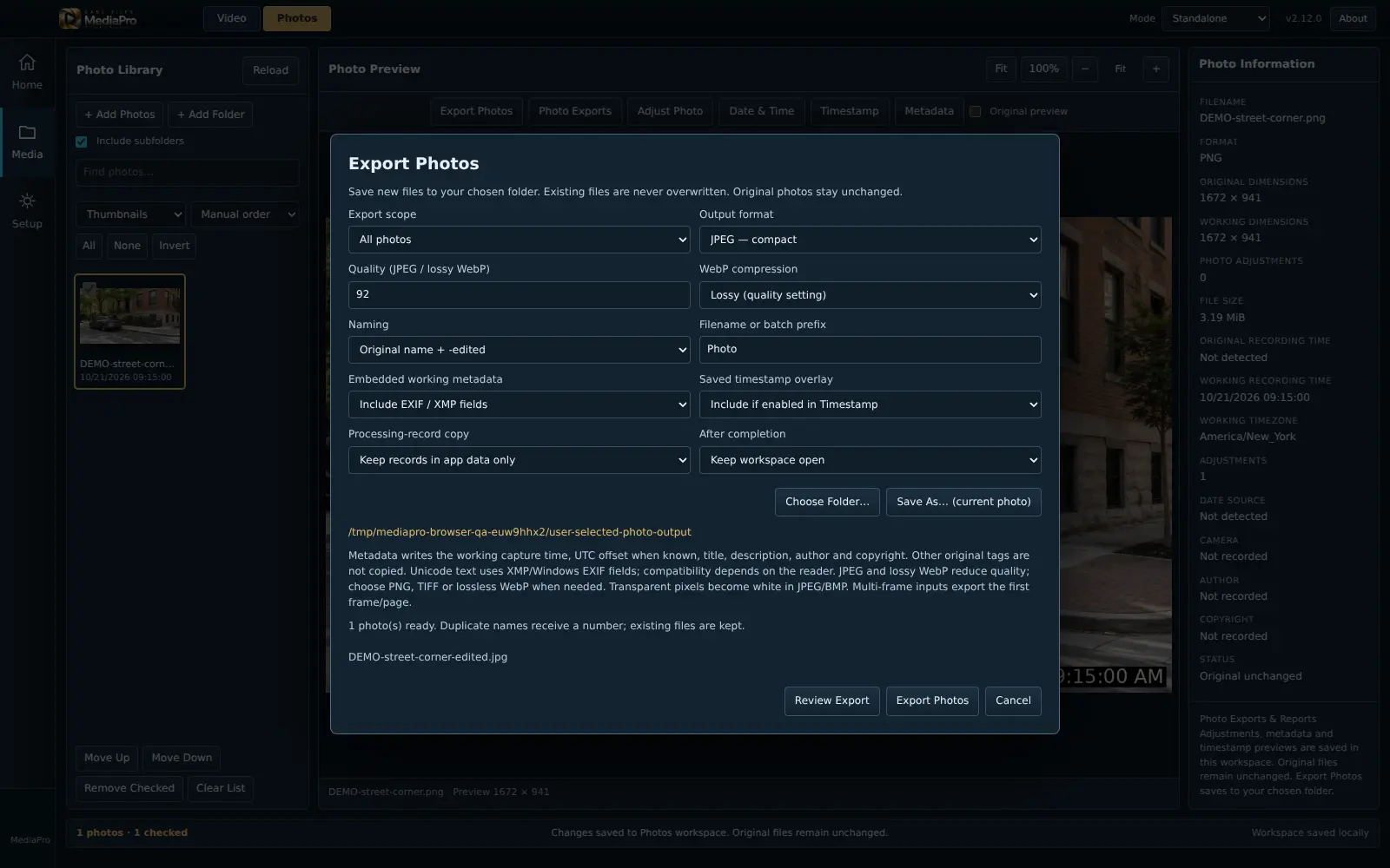 Case Files MediaPro Photo export review — Review format, output location and timestamp options before saving processed copies.