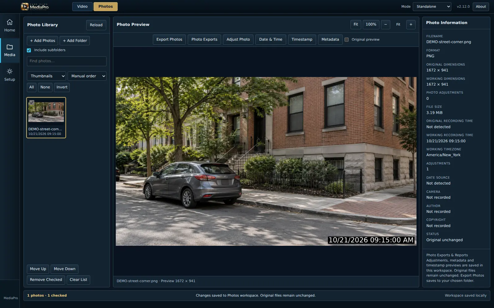 Case Files MediaPro Photo preview with a date/time stamp — Review an AI-generated sample photo with its chosen working clock and visible timestamp.