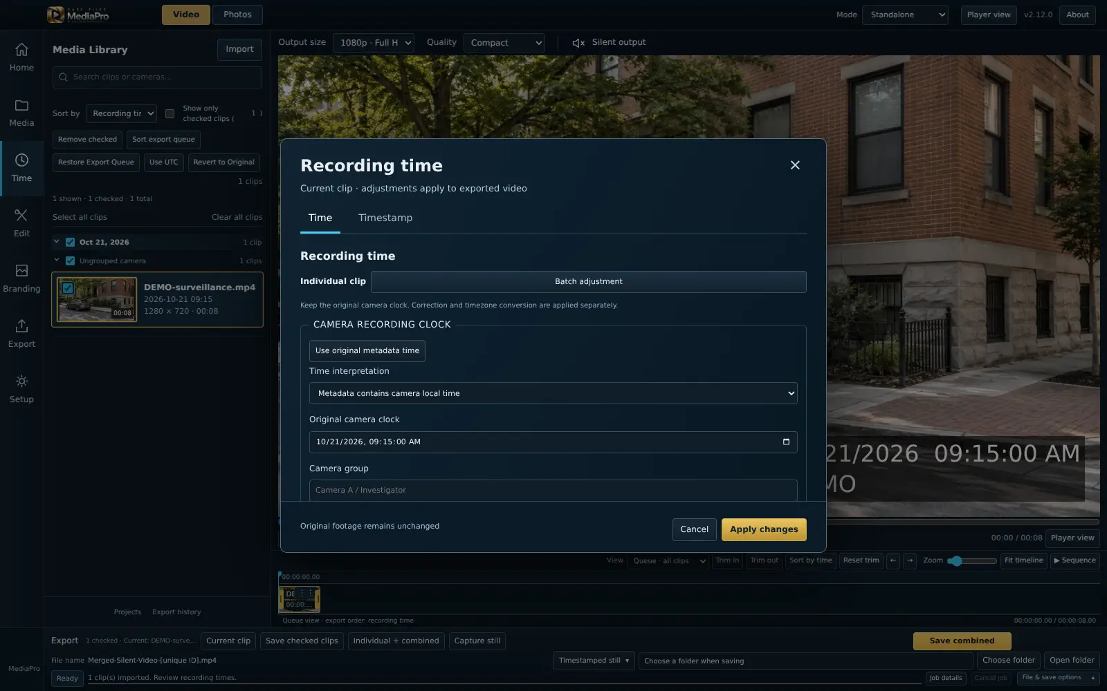 Case Files MediaPro Recording clock and timestamp controls — Review the source clock and timestamp settings before exporting a video copy.