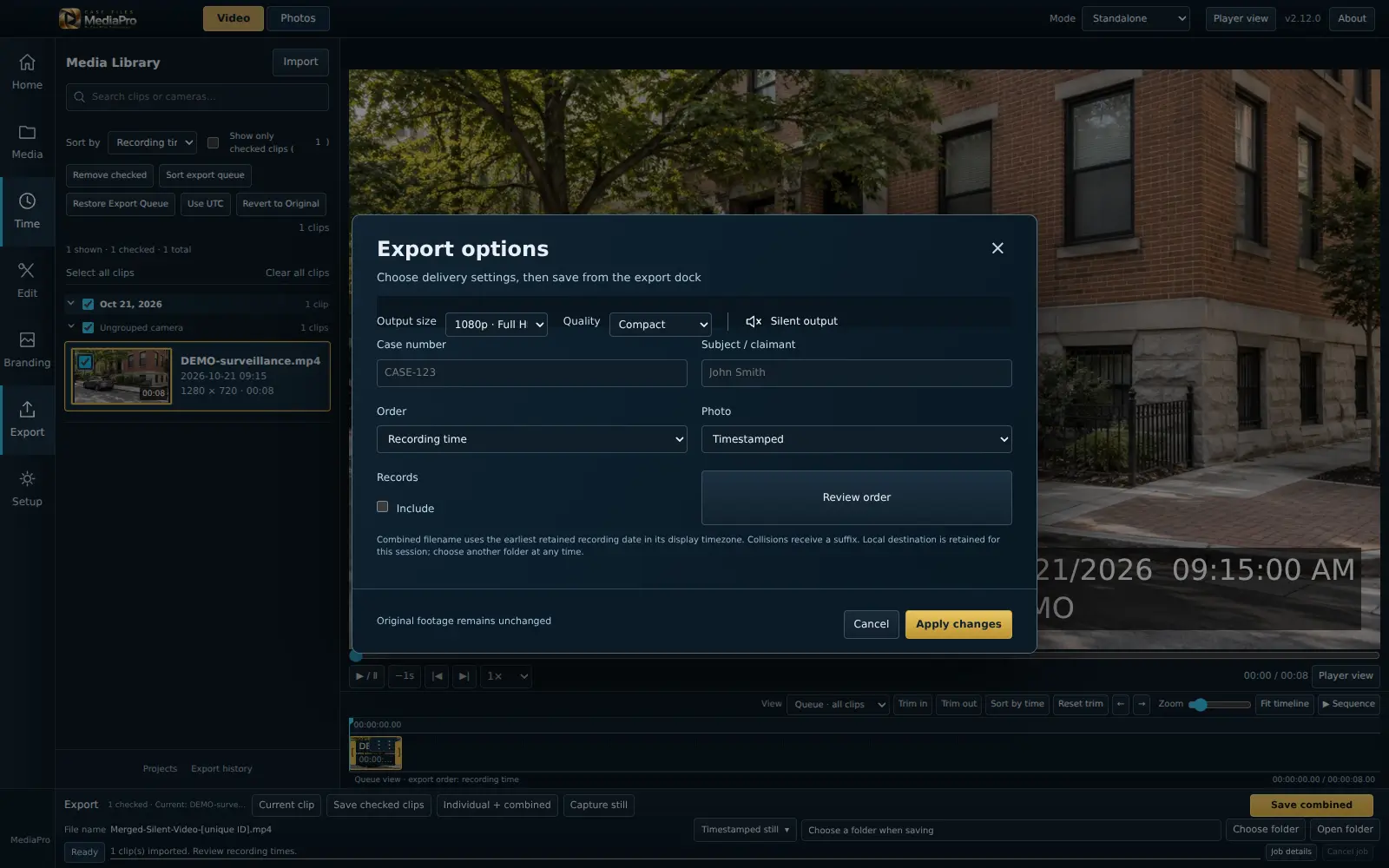 Case Files MediaPro Video export options — Configure individual or combined silent video output and destination options.