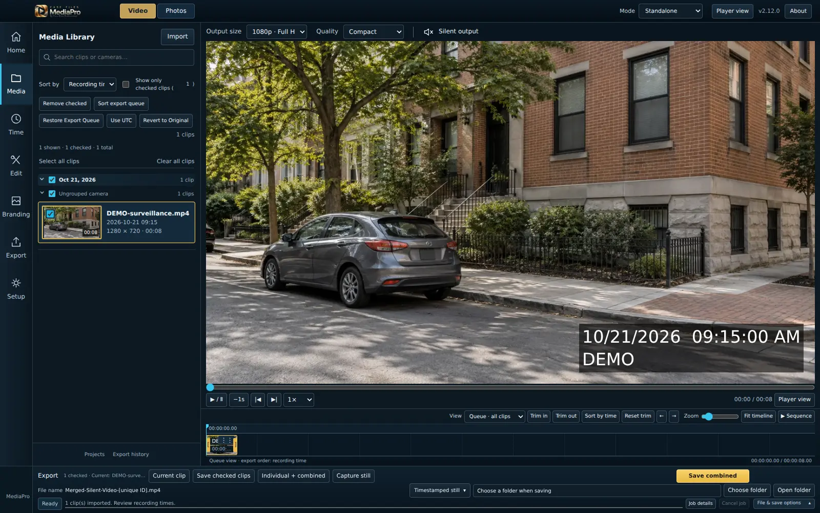 Case Files MediaPro Video workspace with a visible date/time stamp — Review a fictional surveillance clip with a DEMO label and recording-time overlay in the real video workspace.