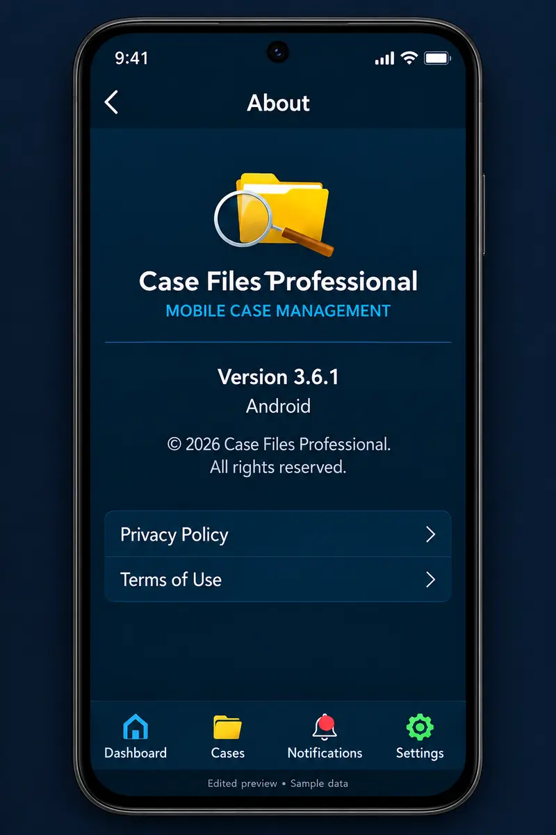 Case Files Mobile About the app — App identity and Android version information.