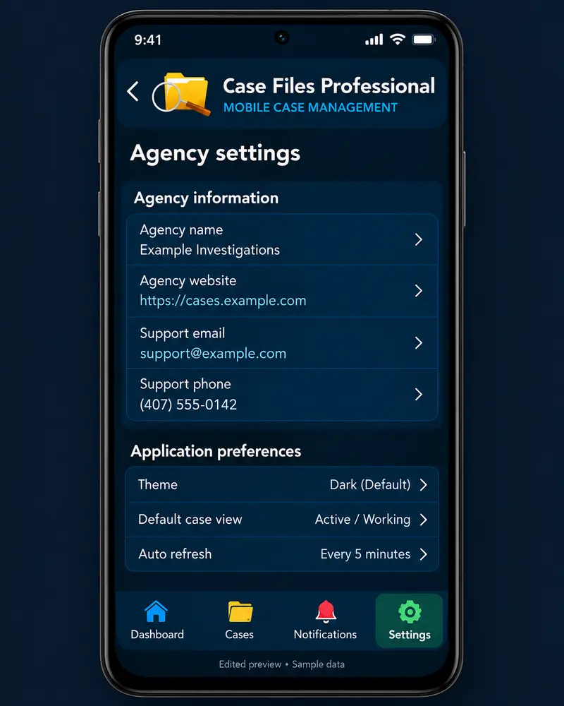 Case Files Mobile Agency settings — Example agency connection and support identity.