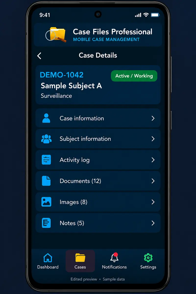 Case Files Mobile Case details — Case information and linked record navigation.