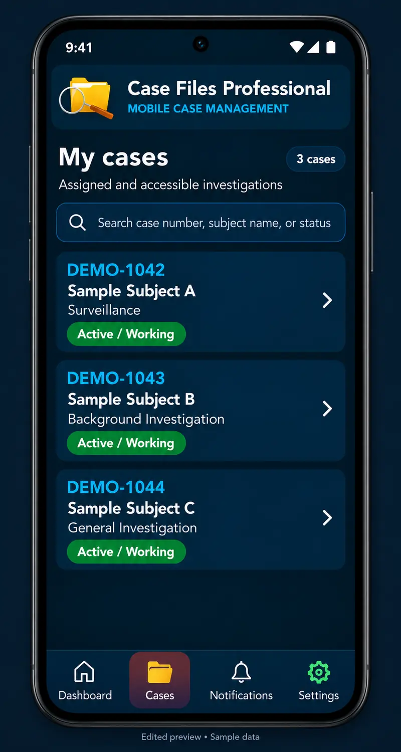 Case Files Mobile My cases — Fictional assigned active cases and subject references.
