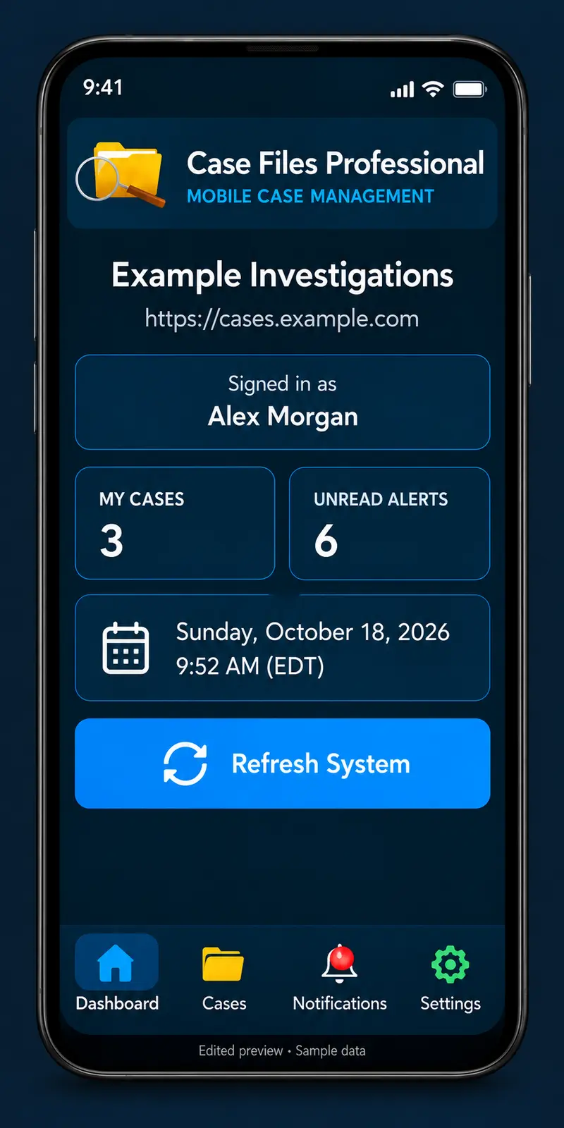 Case Files Mobile included Android add-on with a generic demo dashboard