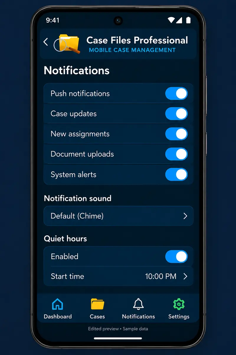 Case Files Mobile Notification settings — Illustrative notification preferences; availability varies by release.