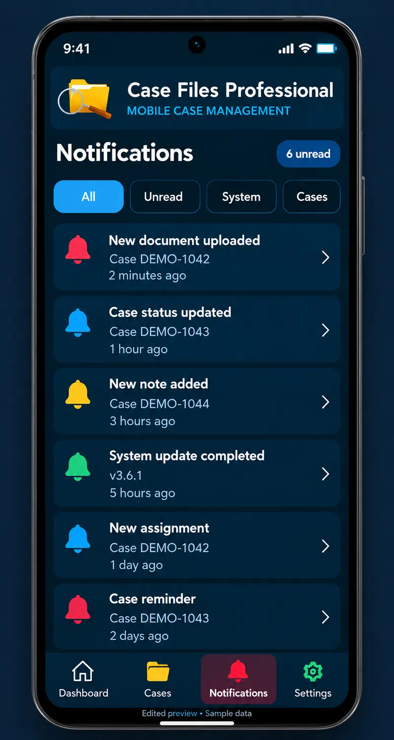Case Files Mobile Notifications — Illustrative case and system alerts.