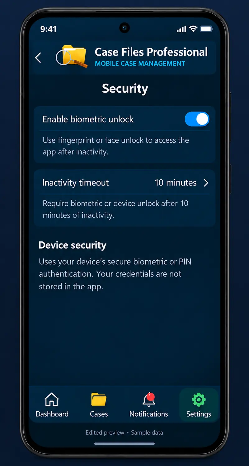 Case Files Mobile Security — Device unlock and inactivity controls.