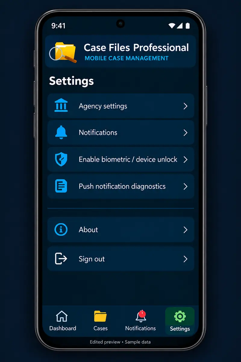 Case Files Mobile Settings — Settings navigation and account controls.