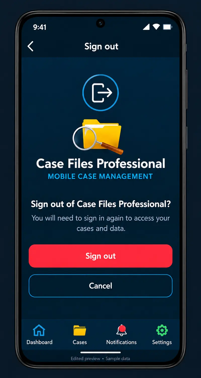 Case Files Mobile Sign out — Account sign-out confirmation.