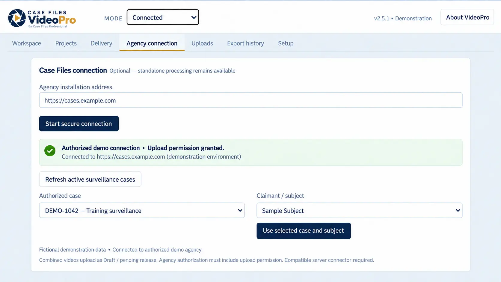 Case Files VideoPro Authorized Case Files connection — Fictional agency address, surveillance case and selected subject.