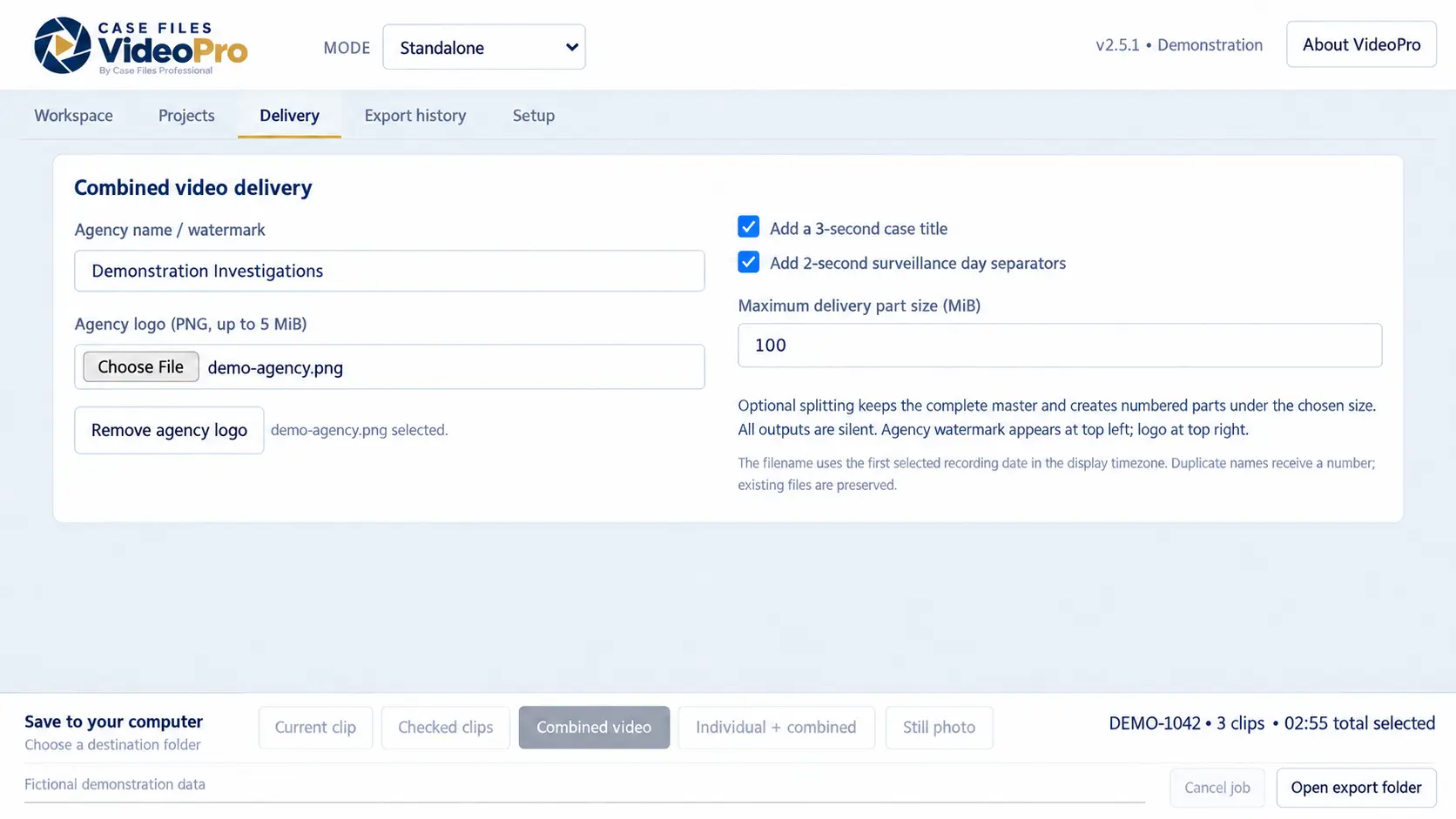 Case Files VideoPro Combined video delivery settings — Sample agency branding, title and day cards, and delivery part size.