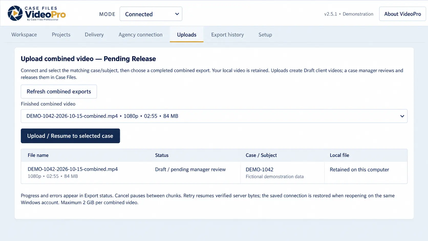 Case Files VideoPro Combined video upload for review — Sample completed export selected for Draft / pending-release upload.
