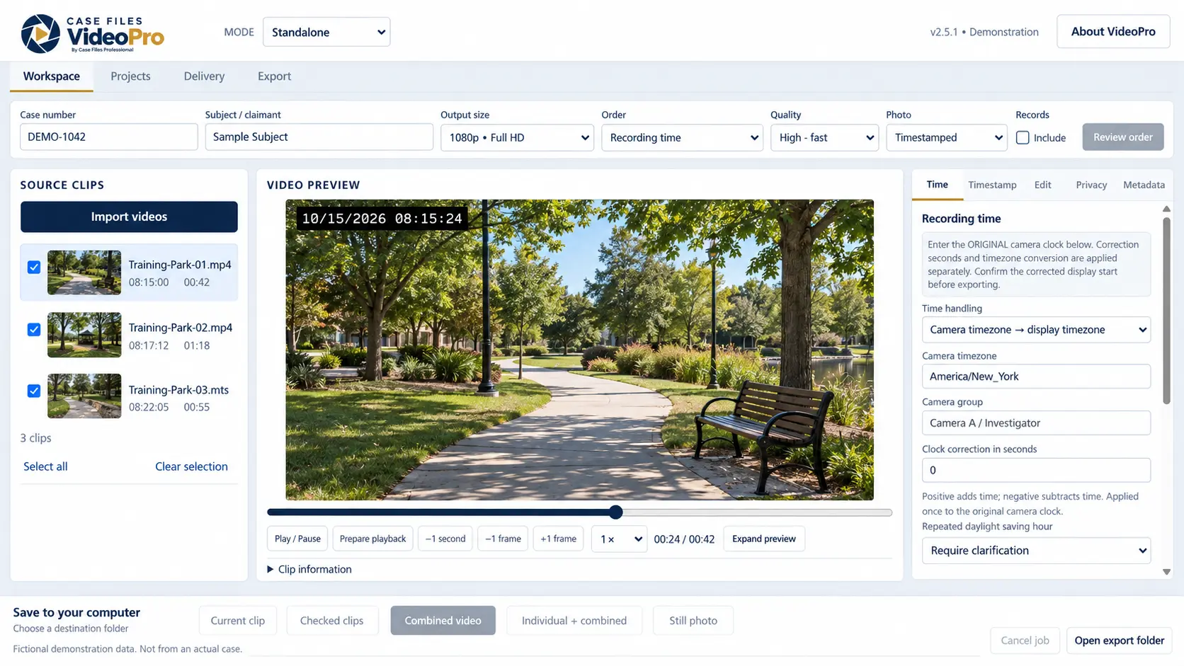 Case Files VideoPro Video workspace and example clips — Fictional source clips, sample footage, recording-time review and local export controls.