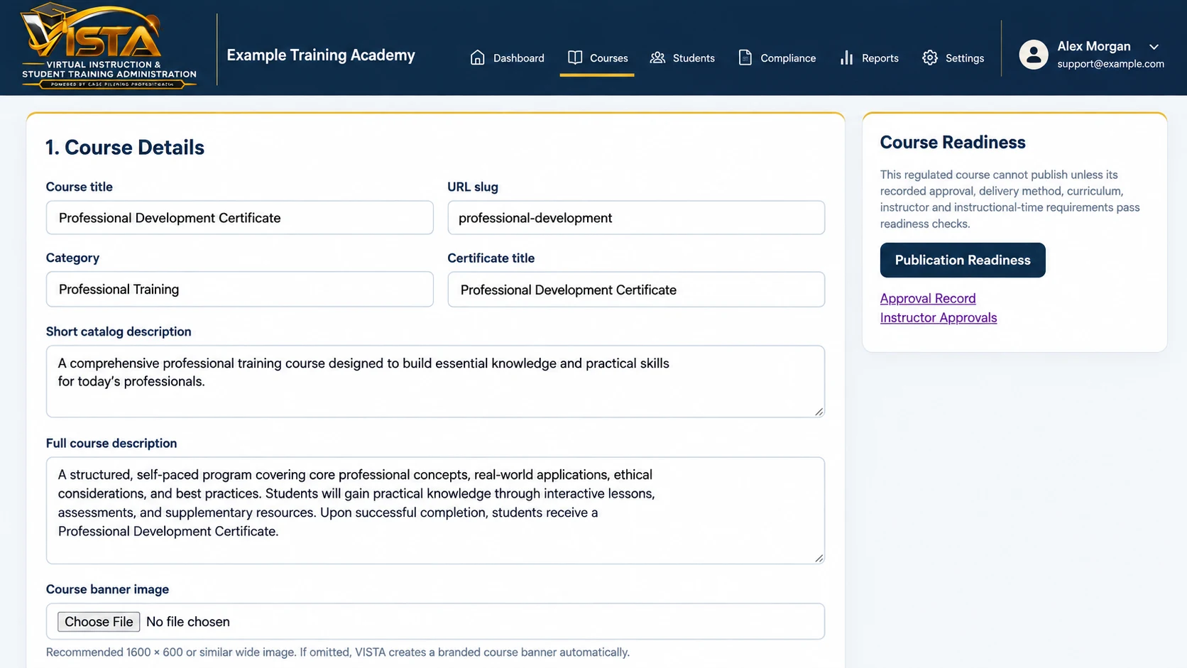 VISTA™ Course builder — edited application preview with sample data