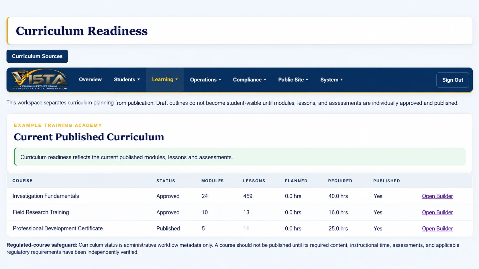 VISTA™ Curriculum readiness — edited application preview with sample data