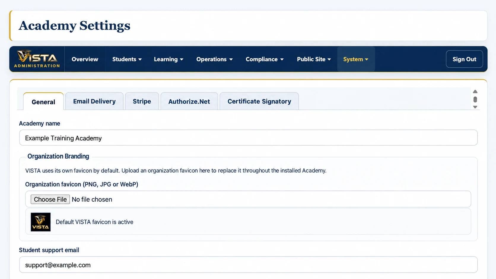 VISTA™ Academy settings — edited application preview with sample data